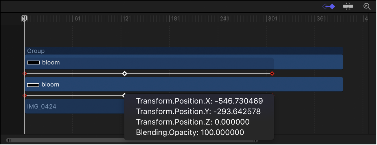 Keyframe shortcut menu displaying keyframed parameters at the current frame