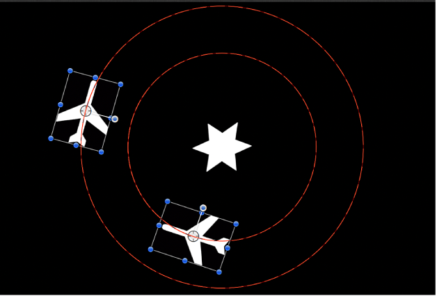 Canvas window showing animation paths for two objects, with Vortex behavior applied to a third object