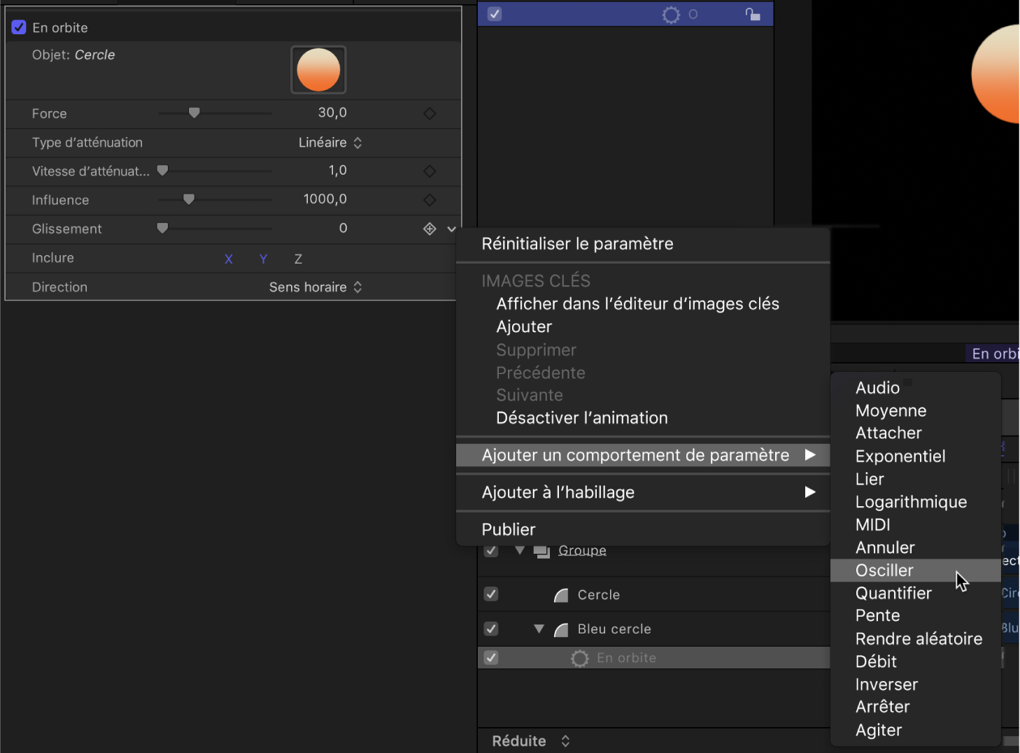 Sous-menu Ajouter un paramètre du menu Animation