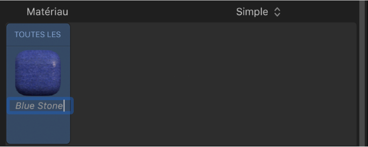 Nom d’un matériau en cours de modification dans l’inspecteur de texte 3D
