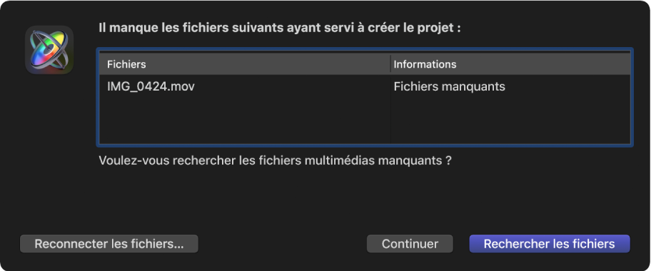 Zone de dialogue affichant une liste de fichiers desquels des données sont manquantes