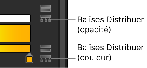 Éditeur de dégradé affichant les icônes Distribuer les balises pour l’opacité et la couleur