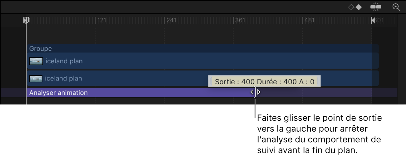 Réglage du point de sortie d’un comportement de suivi dans la timeline