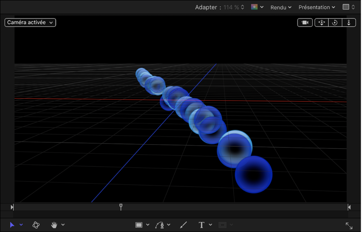 Canevas affichant des particules générées par un émetteur Ligne 2D réglé dans l’espace 3D