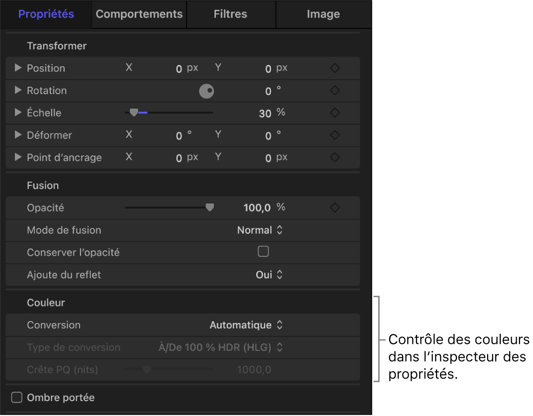 L’inspecteur des propriétés montrant les paramètres Couleur dans un projet Automatique.