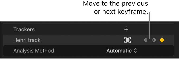 The Next Keyframe and Previous Keyframe buttons in the Trackers section of the Video inspector