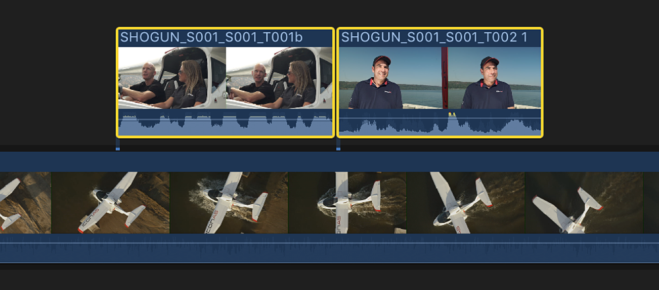 Two connected clips selected in the timeline