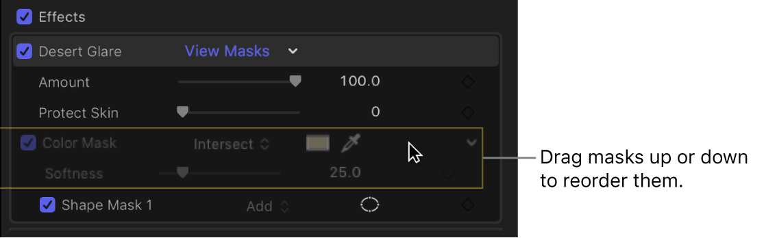 The Effects section of the Video inspector showing a color mask being dragged to a different position in the list