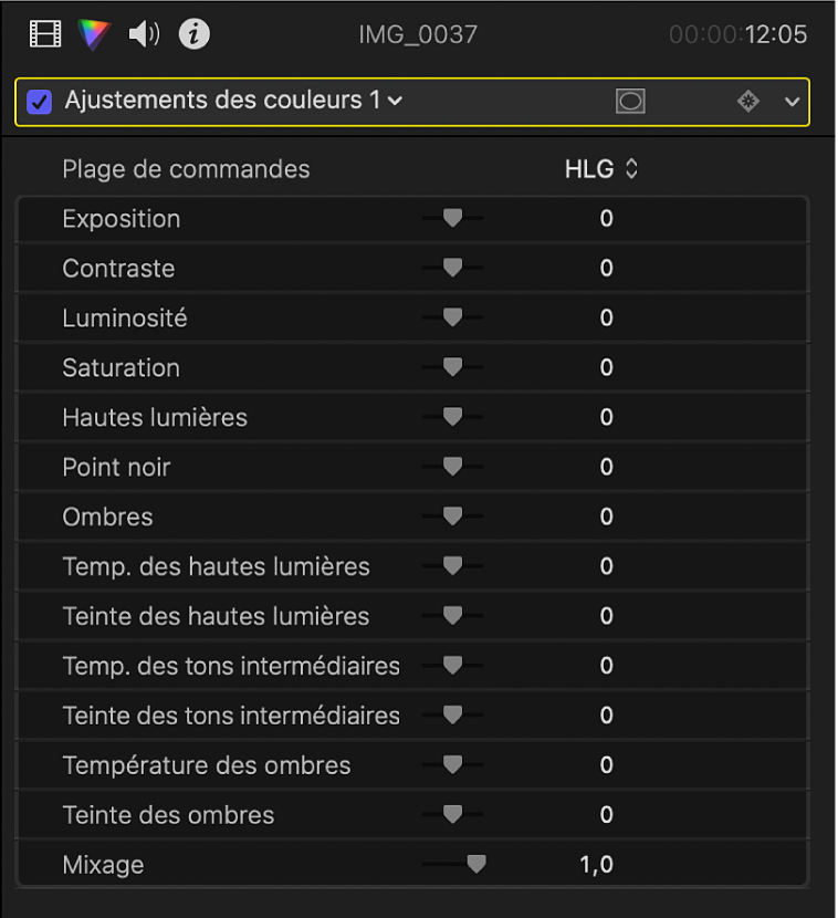 Inspecteur de couleur montrant les commandes de l’effet Ajustements des couleurs