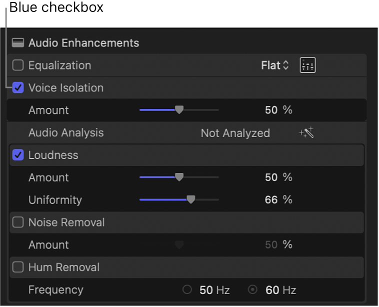 이퀄라이제이션, 음성 분리, 음량 보정, 노이즈 제거 및 험 제거 제어기를 표시하는 오디오 인스펙터의 오디오 강화 섹션. 음성 분리 및 음량 보정 옆의 파란색 체크상자는 해당 강화가 켜져 있다는 것을 나타냄.