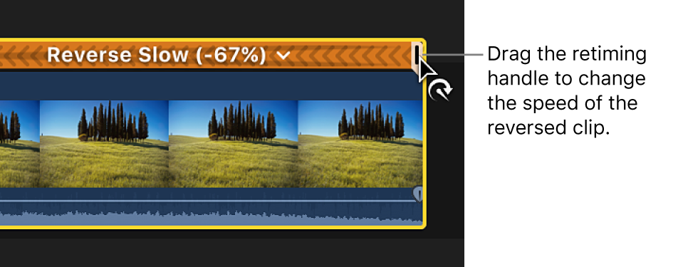 속도를 조절하기 위해 반전된 클립의 리타이밍 핸들을 드래그하는 것을 보여주는 타임라인