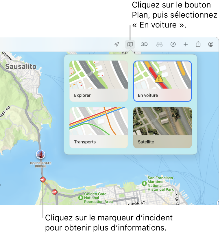 Un plan de San Francisco avec les optons du plan affichées, le plan routier sélectionné, et les incidents de circulation sur le plan.