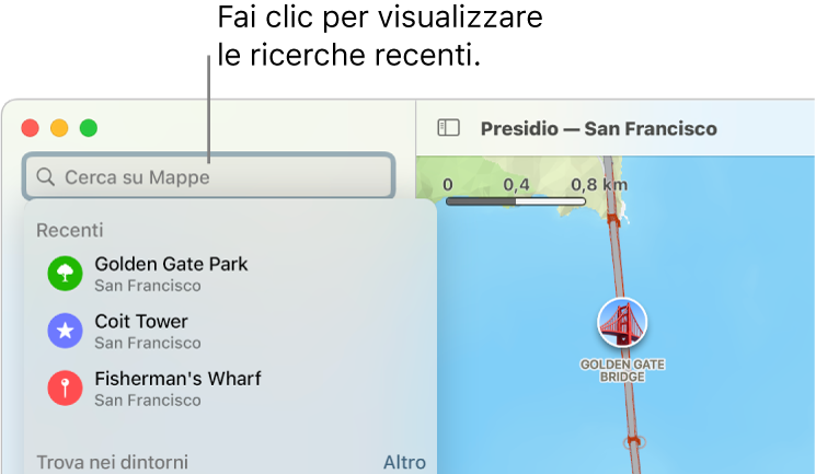 Il campo di ricerca nell’angolo superiore sinistro con diverse ricerche recenti mostrate sotto.