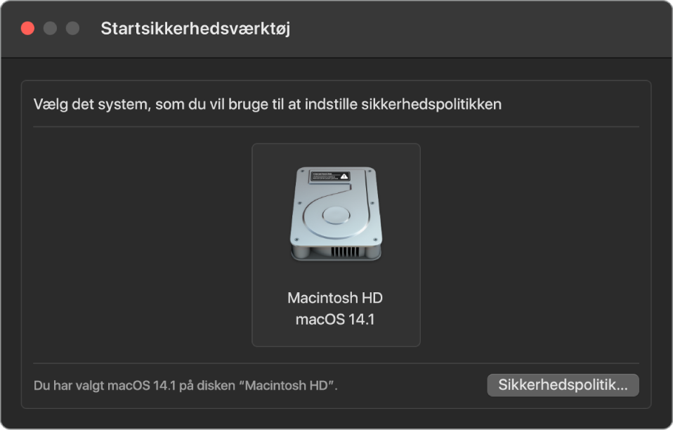 Vinduet til valg af operativsystem i Startsikkerhedsværktøj, der viser den Macintosh HD-disk, der skal bruges til udpegning af en sikkerhedspolitik. Nederst til højre er der en knap, der kan vise den valgte enheds muligheder for Sikkerhedspolitik.