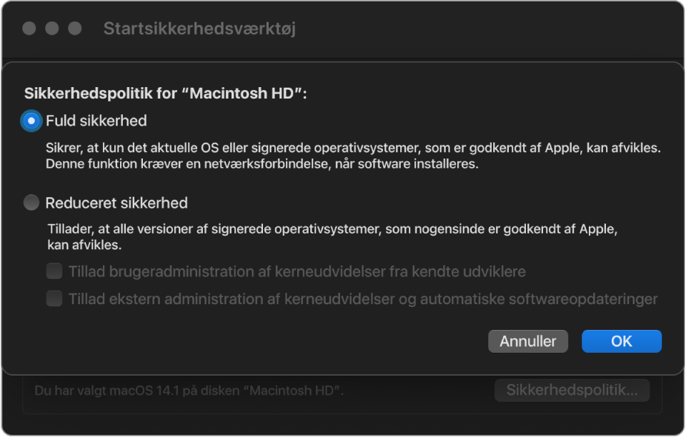 Et vindue til valg af sikkerhedspolitik i Startsikkerhedsværktøj, hvor Fuld sikkerhed er valgt for disken “Macintosh HD”.