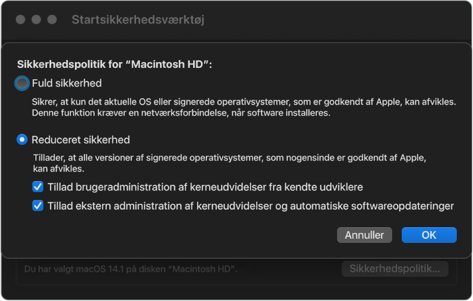 Et vindue til valg af sikkerhedspolitik i Startsikkerhedsværktøj, hvor politikken Reduceret sikkerhed er valgt for disken “Macintosh HD”.