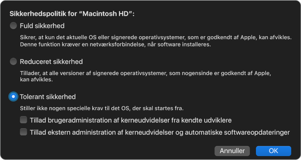 Et vindue til valg af sikkerhedspolitik i Startsikkerhedsværktøj, hvor politikken Permissiv sikkerhed er valgt for disken “Macintosh HD”.