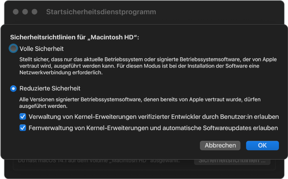 Ein Auswahlfenster für eine Sicherheitsrichtlinie im Startsicherheitsdienstprogramm, in dem die Richtlinie „Reduzierte Sicherheit“ für das Volume „Macintosh HD“ ausgewählt ist