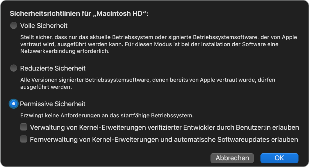 Ein Auswahlfenster für eine Sicherheitsrichtlinie im Startsicherheitsdienstprogramm, in dem die Richtlinie „Permissive Sicherheit“ für das Volume „Macintosh HD“ ausgewählt ist