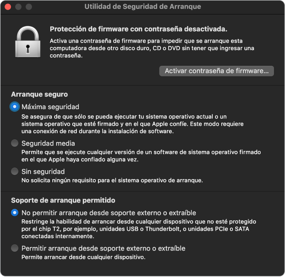 La ventana principal de Utilidad de Seguridad de Arranque mostrando una nota sobre la protección con contraseña del firmware, seguida de tres opciones de seguridad en la sección Arranque seguro y dos opciones de seguridad en la sección Contenido de arranque permitido.