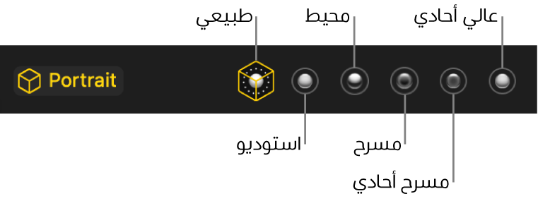 اختيارات تأثير إضاءة وضع بورتريه، بما فيها (من اليمين إلى اليسار) طبيعي واستوديو ومحيطي ومسرح ومسرح أحادي وضوء عالي أحادي.