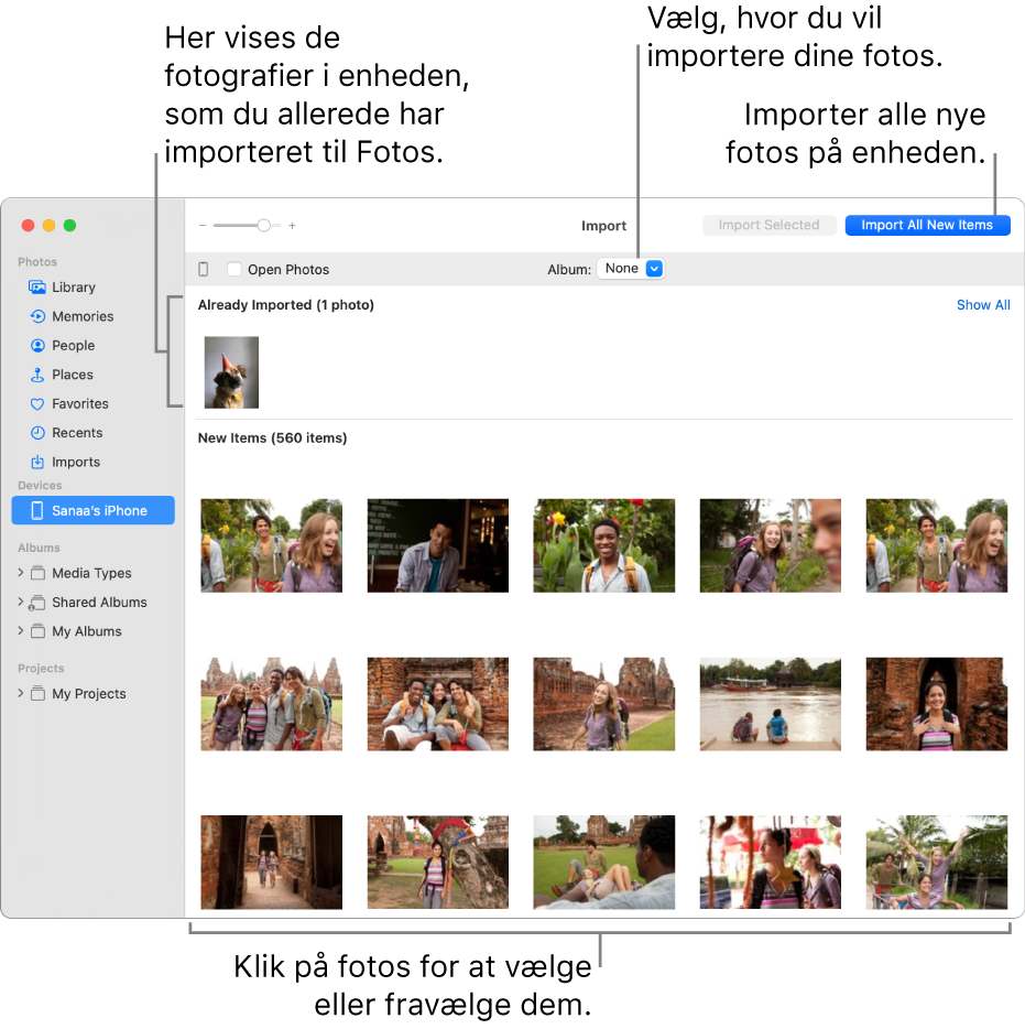 Fotos på enheden, som du allerede har importeret, vises øverst i importvinduet. Nye fotos vises nederst. Øverst i midten findes lokalmenuen Album. Knappen Importer alle nye emner findes øverst til højre.