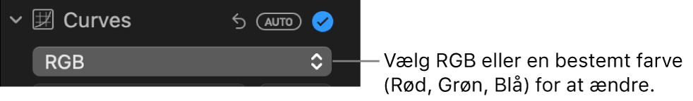 Betjeningsmulighederne til Kurver i vinduet Juster, der viser RGB valgt på lokalmenuen.