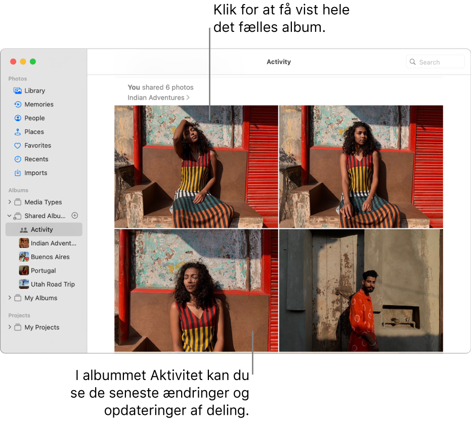 Fotosvinduet med Aktivitet valgt i indholdsoversigten og albummet Aktivitet til højre.