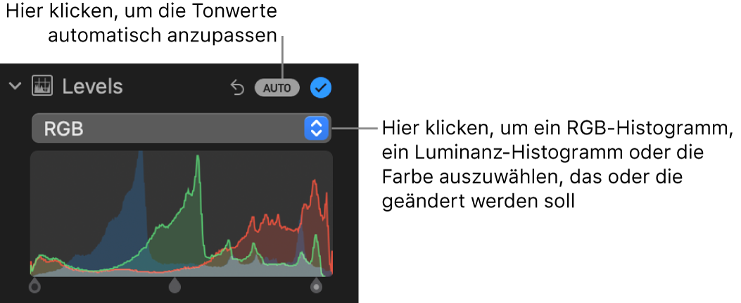 Die Steuerungen „Tonwerte“ im Bereich „Anpassen“ mit der Taste „AUTO“ rechts oben und dem RGB-Histogramm unten.