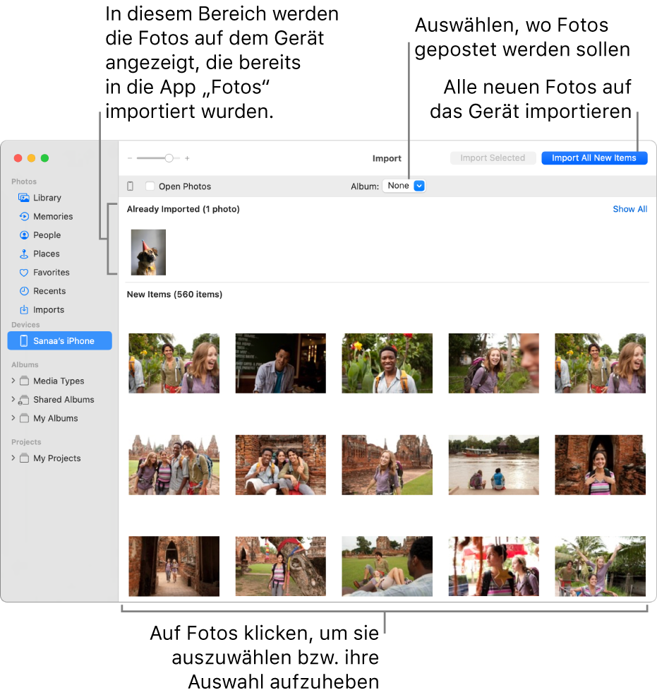 Fotos auf dem Gerät, die bereits importiert wurden, werden oben im Importfenster angezeigt, neue Fotos werden unten angezeigt. Oben in der Mitte befindet sich das Einblendmenü „Album“. Die Taste „Alle neuen Objekte importieren“ befindet sich oben rechts.