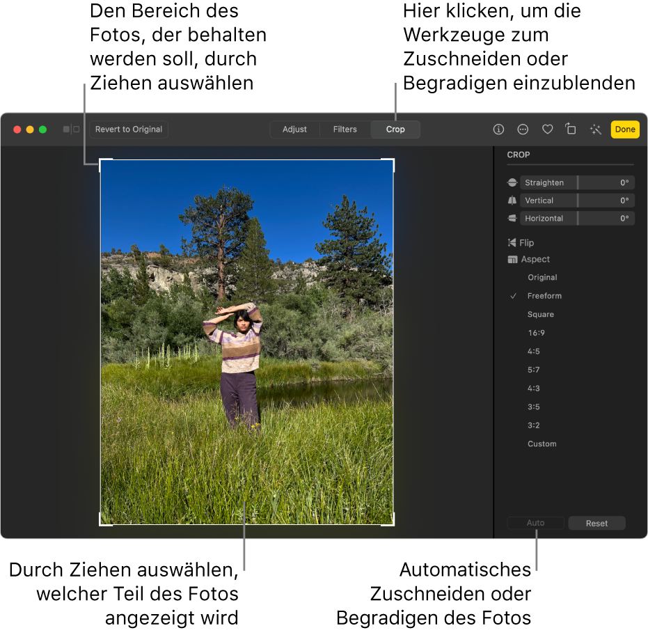 Ein Foto in der Bearbeitungsansicht mit dem ausgewählten Werkzeug „Zuschneiden“ in der Symbolleiste, einem Auswahlrahmen um das Foto, Bearbeitungsreglern, Optionen für Seitenverhältnisse und die Tasten „Autom.“ und „Zurücksetzen“ rechts.