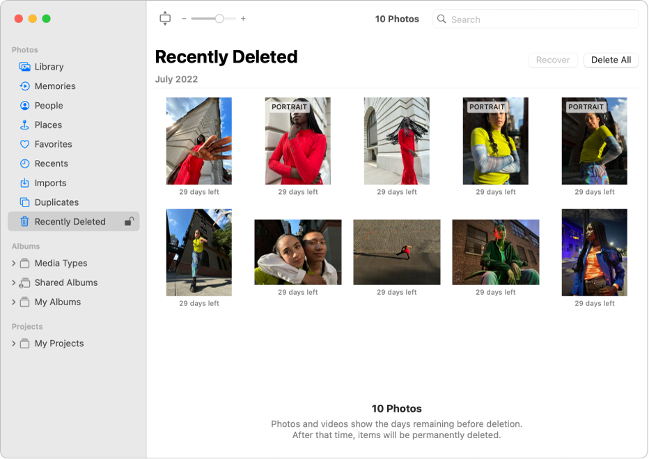 The Photos window showing Recently Deleted selected in the sidebar and recently deleted items on the right.