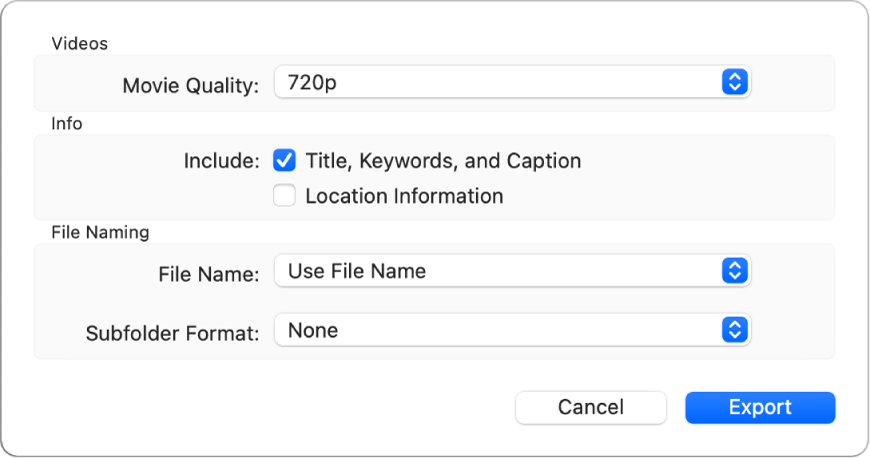 A dialogue showing options for exporting videos.