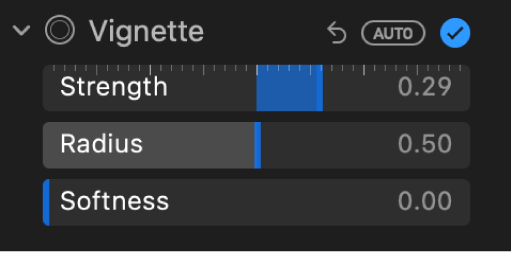 The Vignette controls in the Adjust pane, showing the Strength, Radius and Softness sliders.