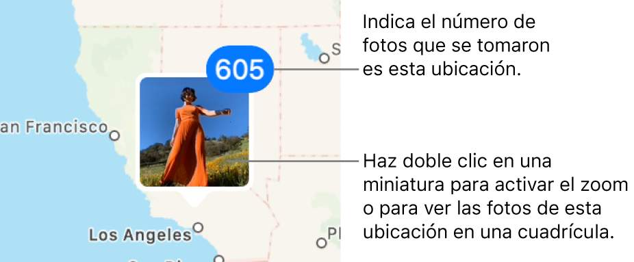 La miniatura de una foto en un mapa con un número en la esquina superior derecha que muestra el número de fotos tomadas en esa ubicación.