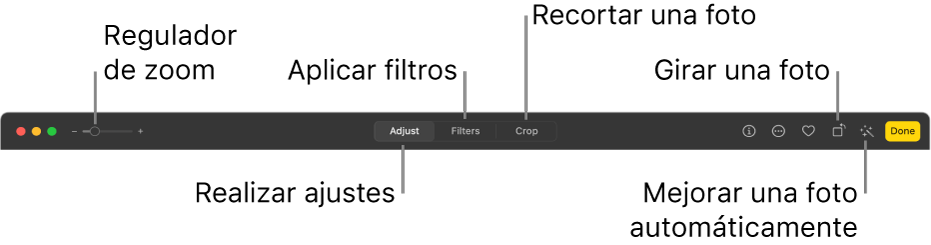 La barra de herramientas de edición mostrando un regulador de zoom y botones para realizar ajustes, agregar filtros, recortar fotos y mejorar fotos.