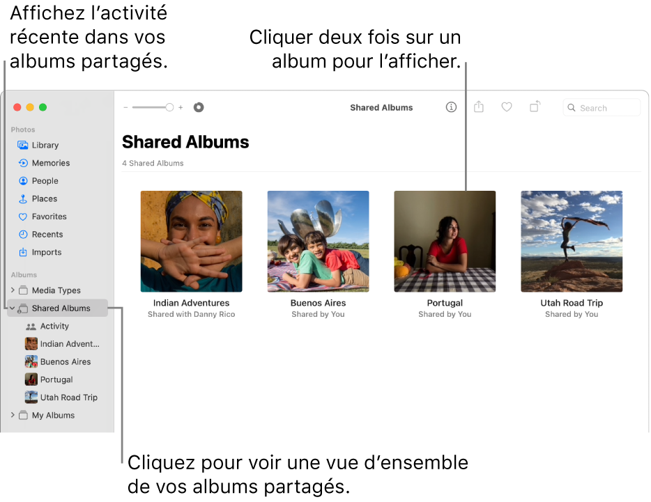 La fenêtre Photos montrant « Albums partagés » sélectionné dans la barre latérale et les albums partagés qui s’affichent à droite.