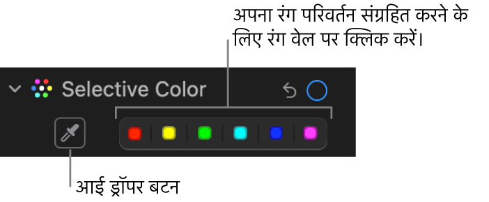 आईड्रॉपर बटन और कलर वेल दिखाता हुआ चयनित रंग नियंत्रण जो ऐडजस्ट करें पेन में है।