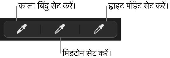 तस्वीर के ब्लैक पॉइंट, मिडटोन या ह्वाइट पॉइंट को सेट करने के लिए तीन आईड्रॉपर का उपयोग किया गया है।