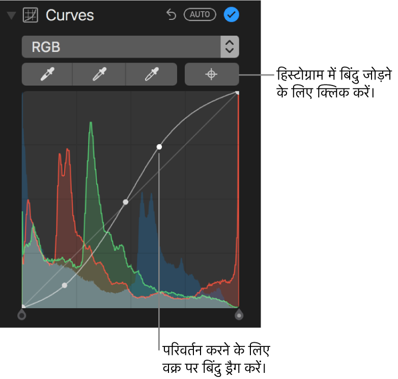 ऊपरी दाएँ कोने में पॉइंट जोड़ें बटन और नीचे की ओर RGB हिस्टोग्राम दिखाता ऐडजस्ट करें पेन में वक्र नियंत्रण।