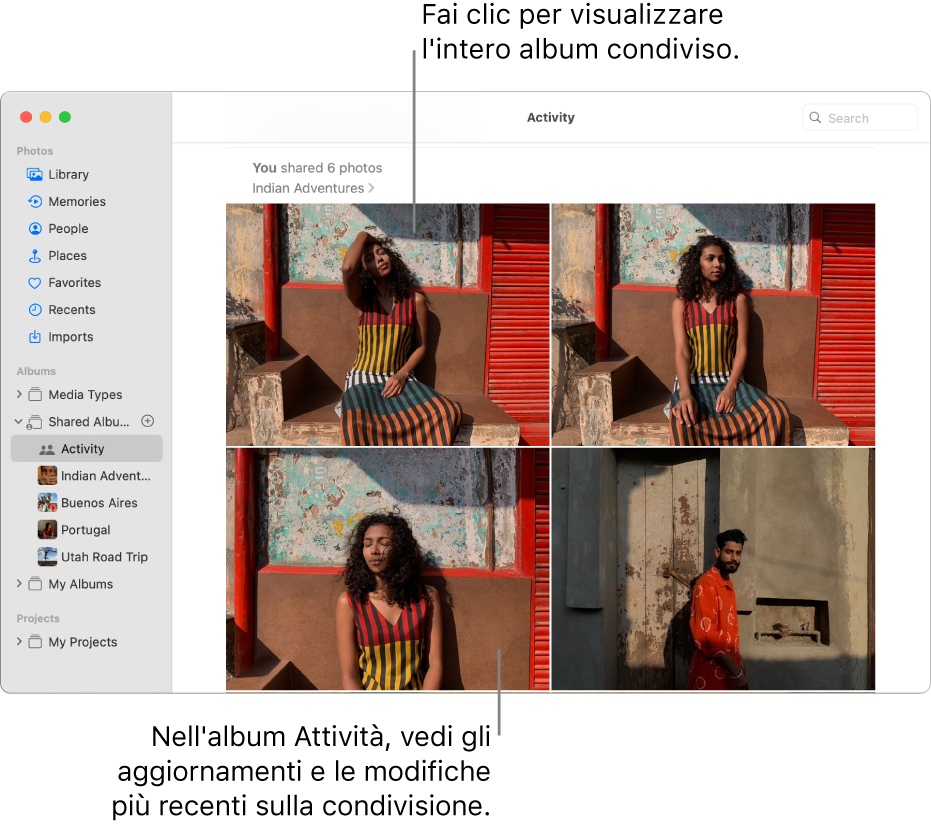 Finestra di Foto con Attività selezionato nella barra laterale e l’album Attività mostrato a destra.