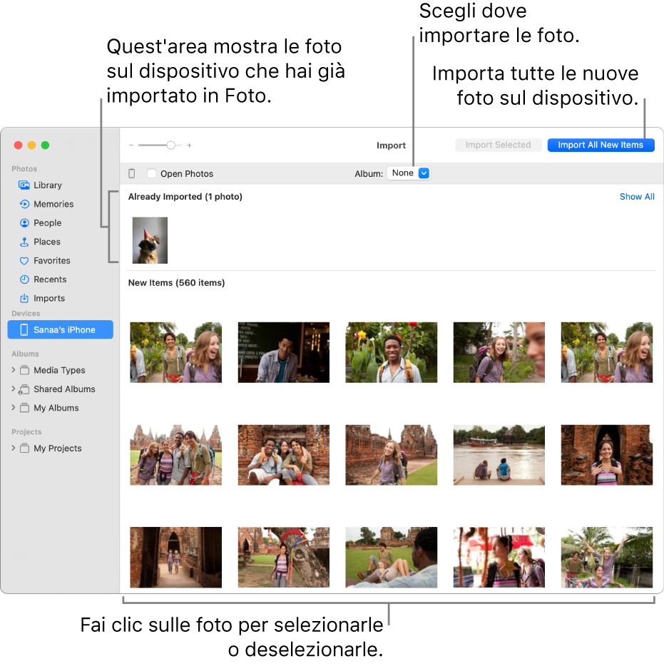 Le foto già importate nel dispositivo sono visualizzate nella parte superiore della finestra Importa, mentre le nuove foto sono nella parte inferiore. Nella parte superiore, al centro, è disponibile il menu a comparsa Album. Il pulsante “Importa tutti i nuovi elementi” si trova in alto a destra.