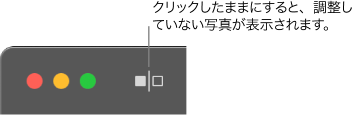 「調整なし」ボタン。ウインドウの左上隅にあるウインドウコントロールの横にあります。