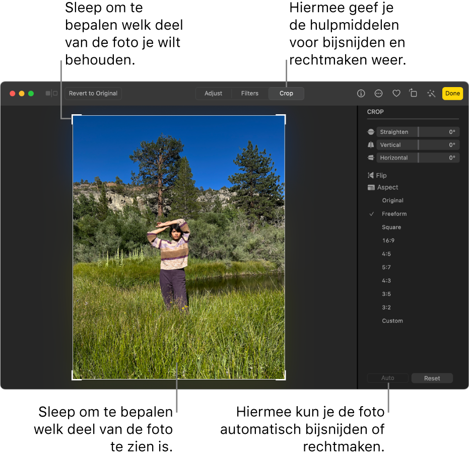 Een foto in de bewerkingsweergave, met 'Snij bij' geselecteerd in de knoppenbalk, een selectierechthoek rond de foto, schuifknoppen voor rechtmaken, opties voor verhouding en de knoppen 'Automatisch' en 'Herstel' aan de rechterkant.