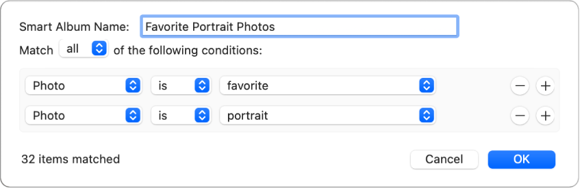 Uma caixa de diálogo a mostrar os critérios para um álbum inteligente que reúna fotografias com efeito de retrato que tenham sido marcadas como favoritas.