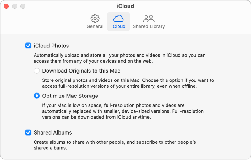 Panoul iCloud din configurările Poze.