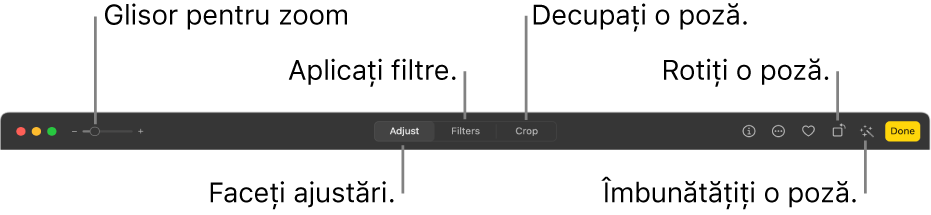 Bara de instrumente de editare afișând un glisor Zoom și butoanele pentru ajustări, adăugarea filtrelor, decuparea, rotirea și îmbunătățirea pozelor.