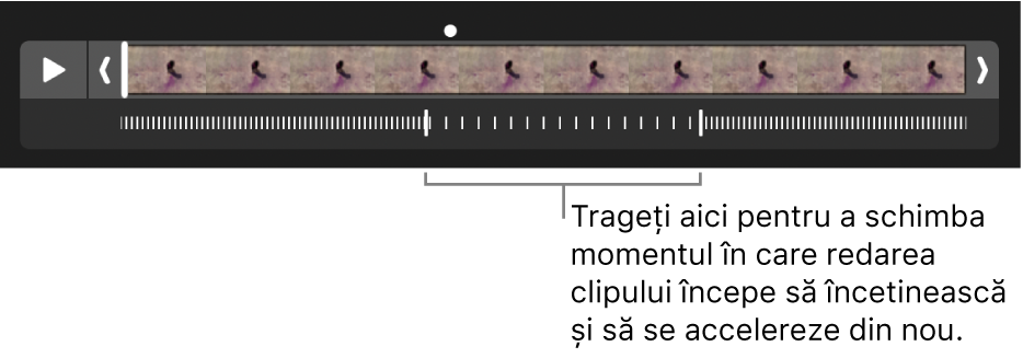 Un clip video în ralanti cu mânere pe care le puteți trage pentru a modifica locul în care redarea clipului se încetinește și se accelerează din nou.