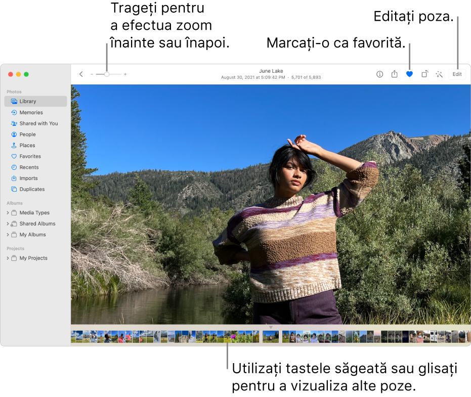 Fereastra Poze afișând în partea dreaptă o poză mărită, având dedesubt un rând de miniaturi. Bara de instrumente din partea de sus include glisorul Zoom, butonul Favorite și butonul Editează.