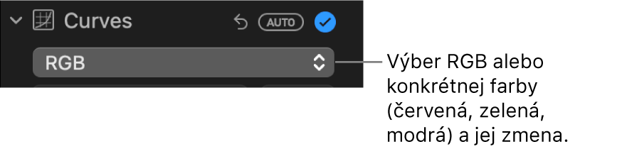 Ovládacie prvky Krivky na paneli Úpravy zobrazujúce možnosť RGB vybranú vo vyskakovacom menu.